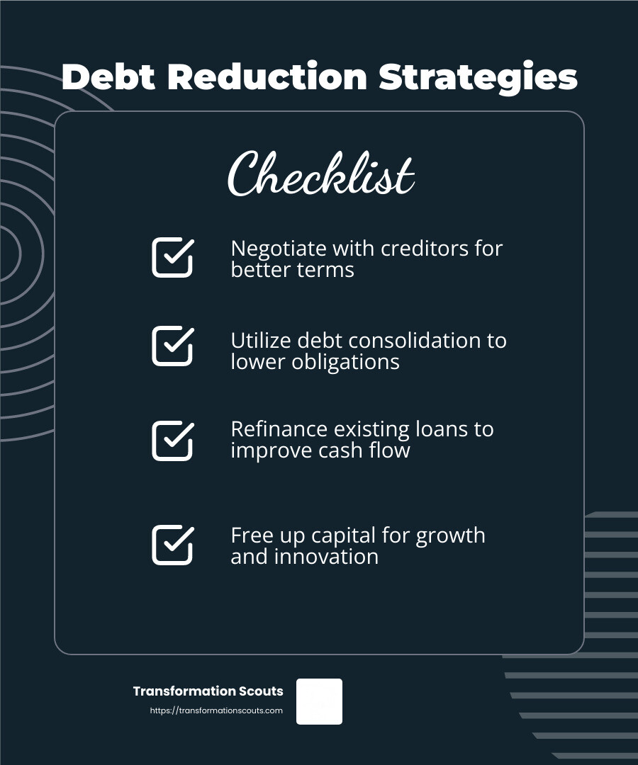 Reducing debt can significantly improve a company's financial health. - business restructuring consulting services infographic checklist-dark-blue