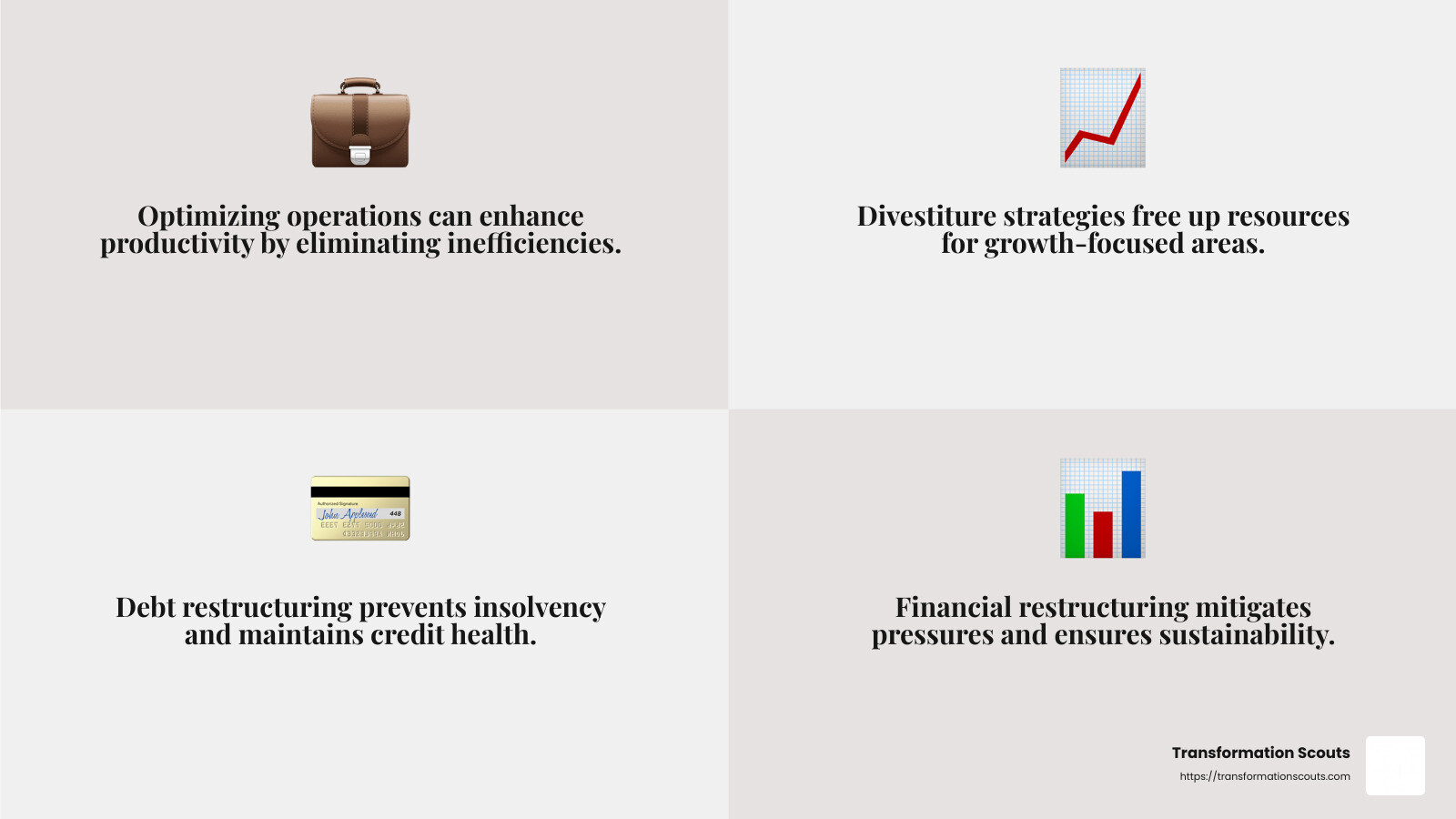 Debt restructuring can prevent insolvency and maintain credit health. - business restructuring consulting services infographic 4_facts_emoji_grey