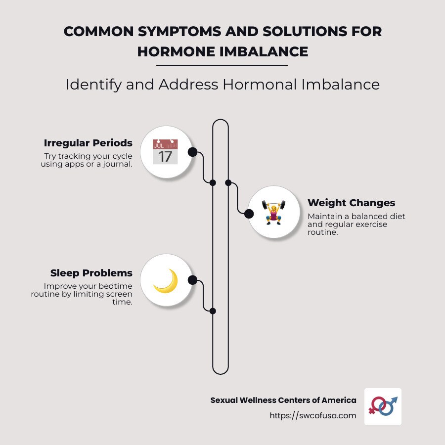 Infographic detailing common symptoms and quick solutions for hormone imbalance in women: 1. Irregular Periods - try tracking; 2. Weight Changes - balance diet and exercise; 3. Sleep Problems - improve bedtime routine - Hormone balance for women infographic infographic-line-3-steps-neat_beige