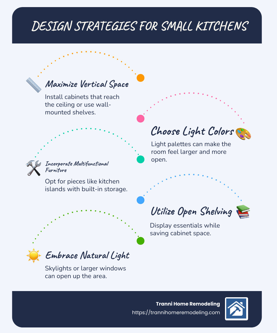 Small Kitchen, Big Impact: Design Ideas for Small Spaces 1 strategies for small kitchen design - kitchen design ideas for small spaces infographic infographic-line-5-steps-blues-accent_colors