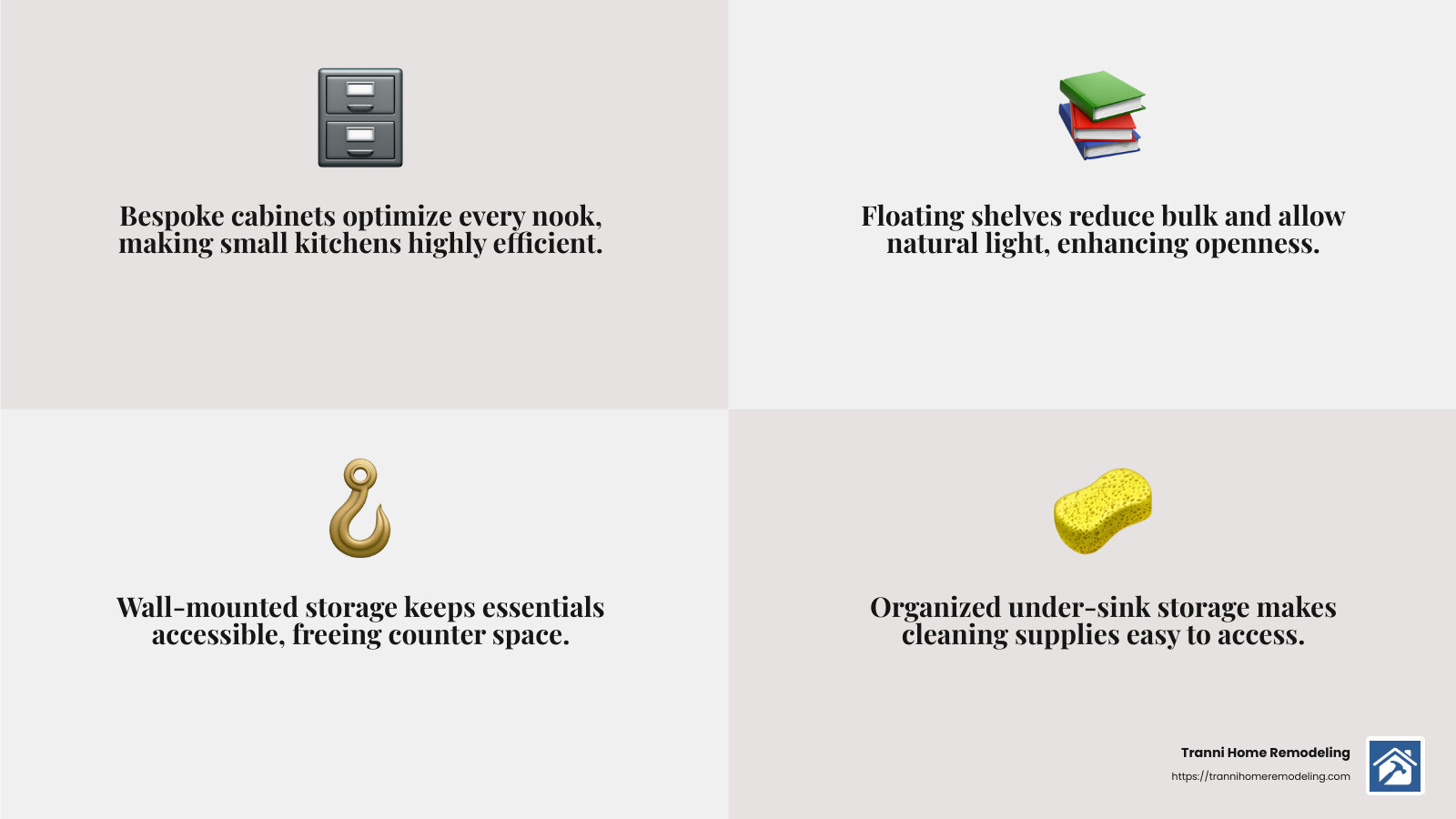 Small Kitchen, Big Impact: Design Ideas for Small Spaces 3 Custom hardware can improve the overall look of your kitchen. - kitchen design ideas for small spaces infographic 4_facts_emoji_grey