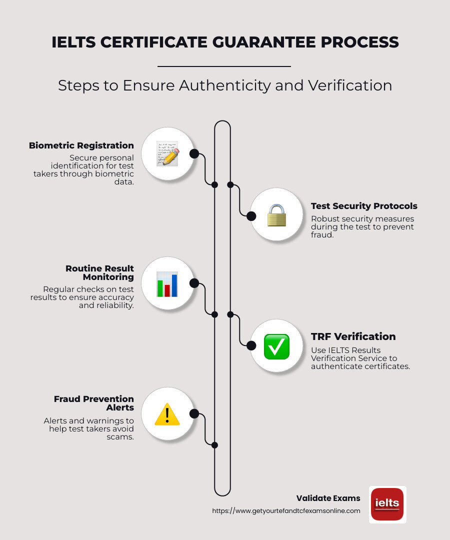 Infographic: IELTS Certificate Guarantee Process – Covering Steps and Security Measures for Ensuring Authentic Test Results with Focus on Biometric Registration, Routine Result Monitoring, and Verification Services - IELTS certificate guarantee infographic infographic-line-5-steps-neat_beige