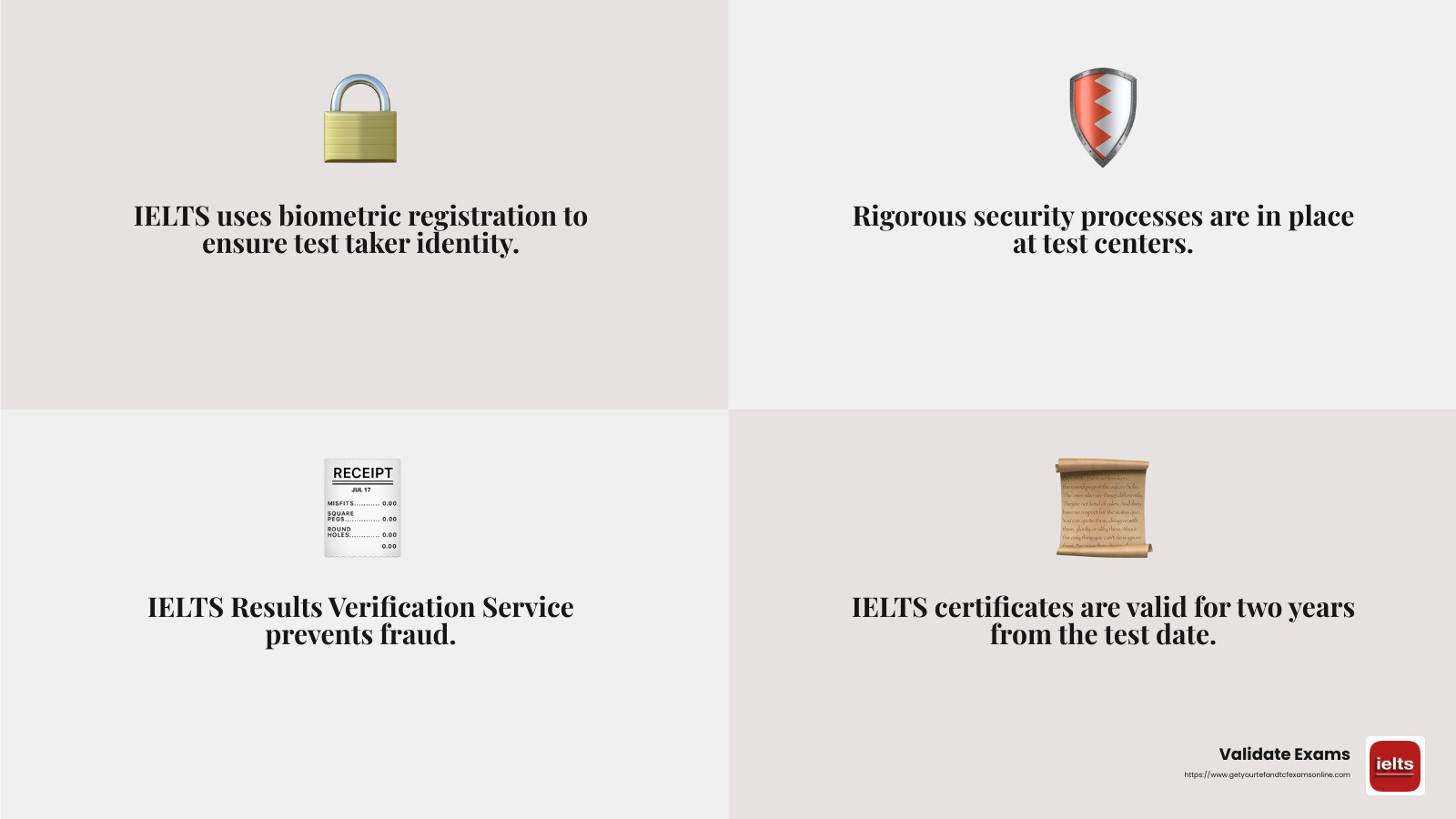 IELTS security measures ensure the integrity of your results - IELTS certificate guarantee infographic 4_facts_emoji_grey