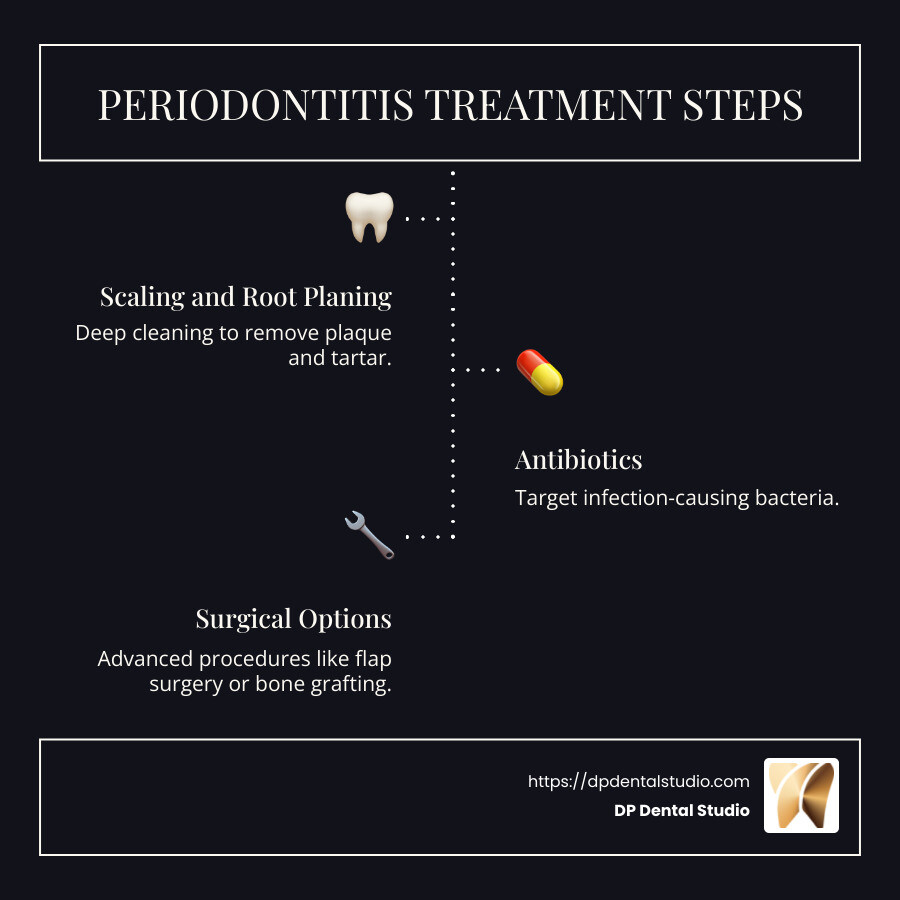 Gum Health and Treatment Options Infographic: Steps from diagnosis to different treatment types. Includes non-surgical and surgical methods in a clear, concise format. - periodontitis treatment infographic infographic-line-3-steps-dark
