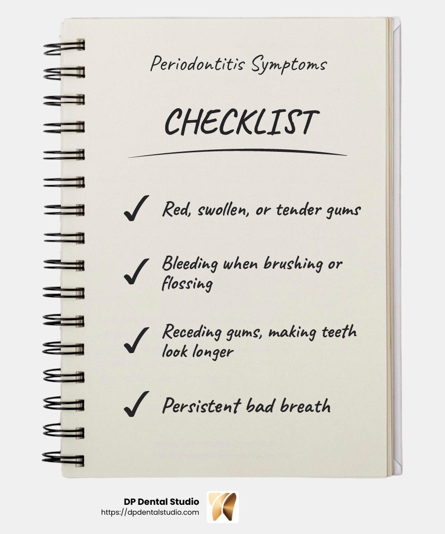 Symptoms of gum disease can often become serious before a person notices them. - periodontitis treatment infographic checklist-notebook