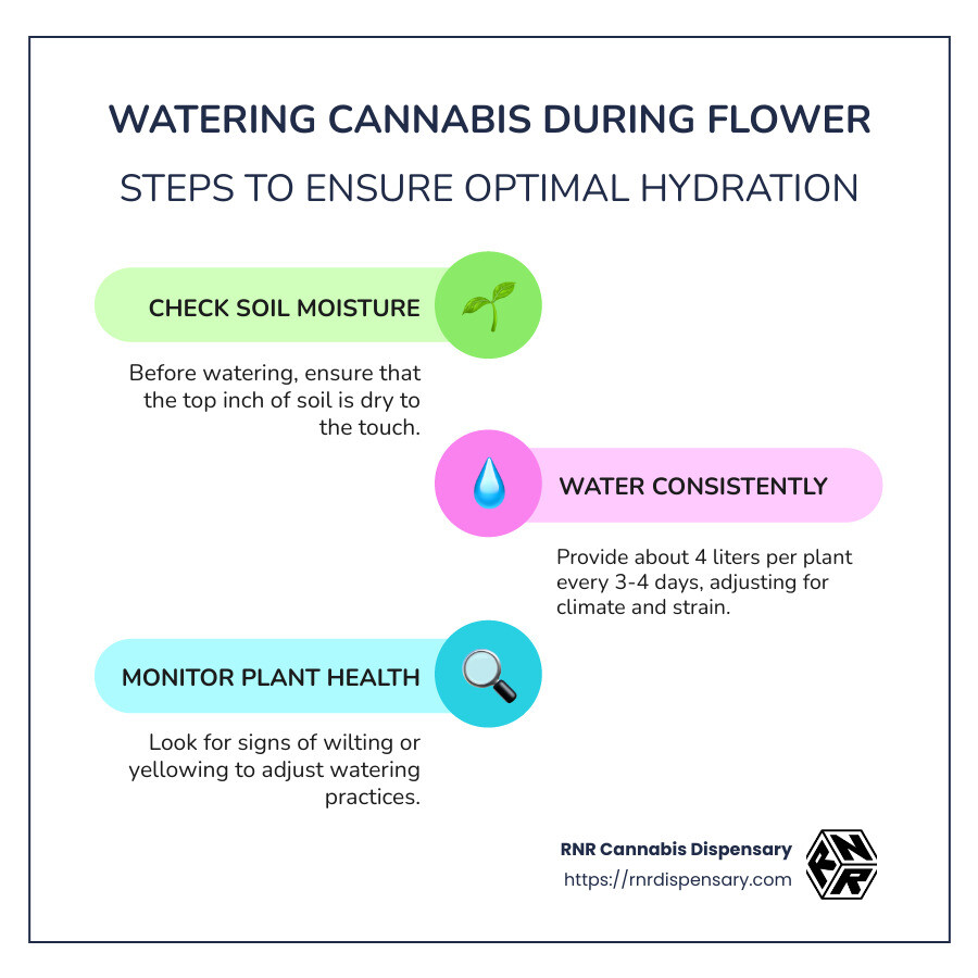 Infographic - Watering Frequency and Amounts for Cannabis During Flowering Stage - how much to water cannabis during flower infographic infographic-line-3-steps-colors