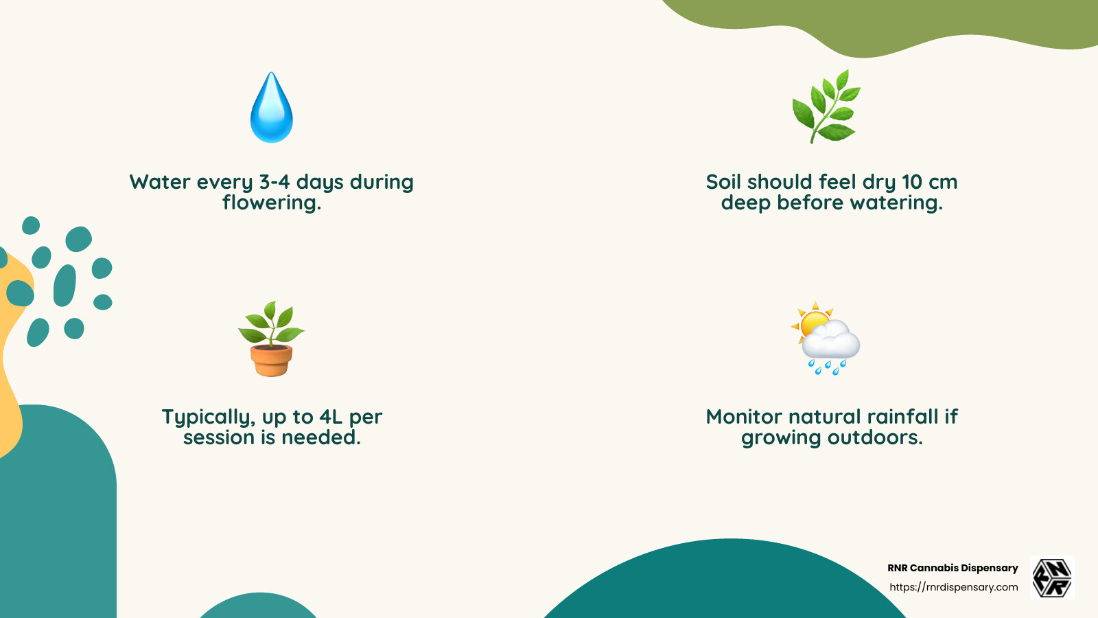 Optimal Water Amount for Flowering Cannabis - how much to water cannabis during flower infographic 4_facts_emoji_nature
