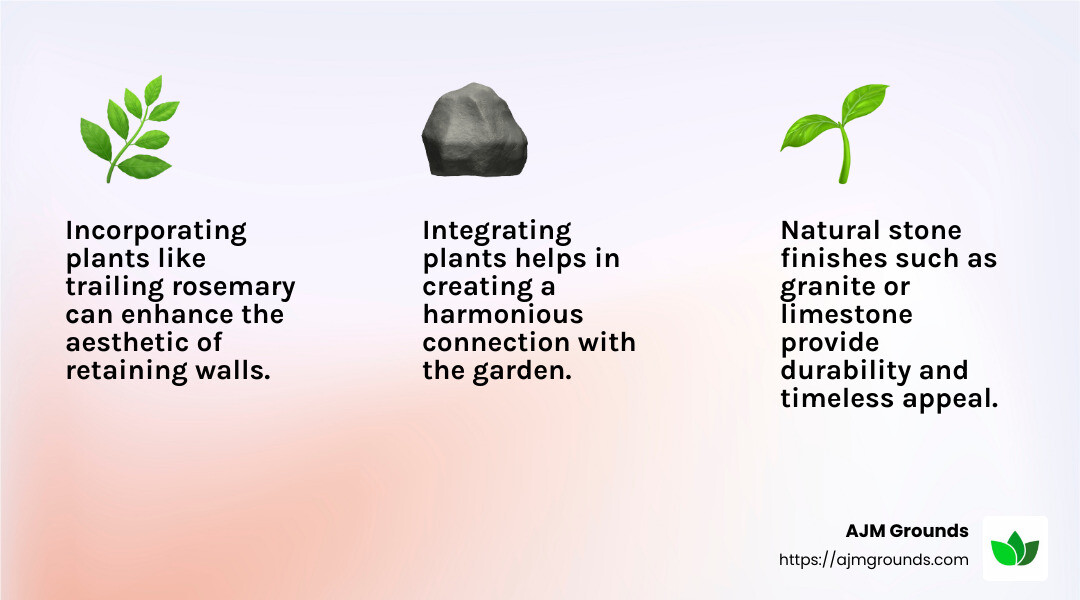 Natural stone retaining wall with cascading greenery - Landscape Retaining Walls infographic 3_facts_emoji_light-gradient
