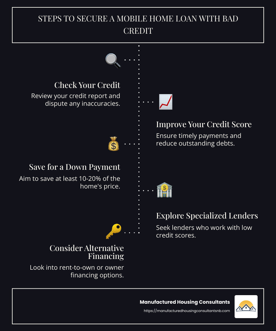 Infographic summarizing steps to secure mobile home loans with bad credit: check credit, improve score, save for down payment, explore lenders, consider alternative financing. - mobile home loan bad credit infographic infographic-line-5-steps-dark