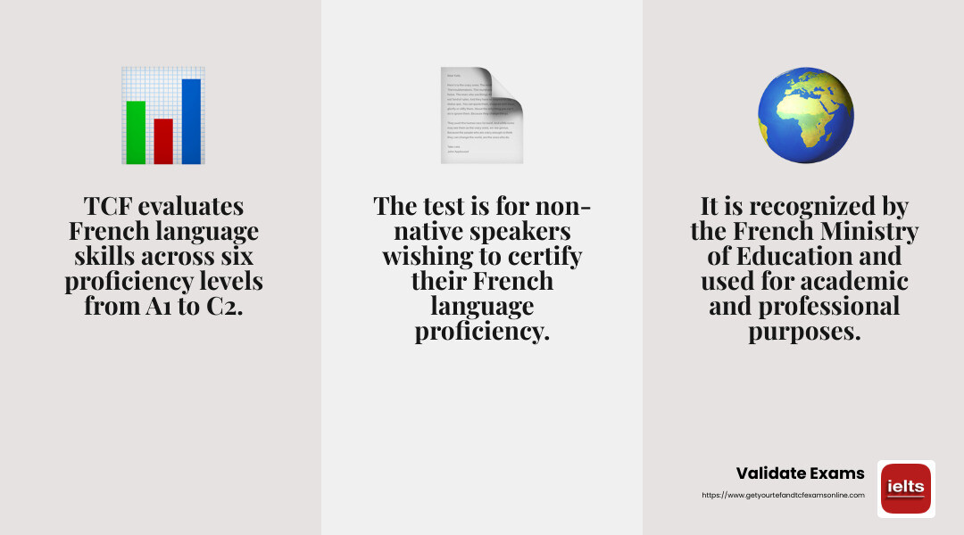 The TCF is a flexible test for individuals who want to measure their French level without obtaining a diploma. - tcf infographic 3_facts_emoji_grey
