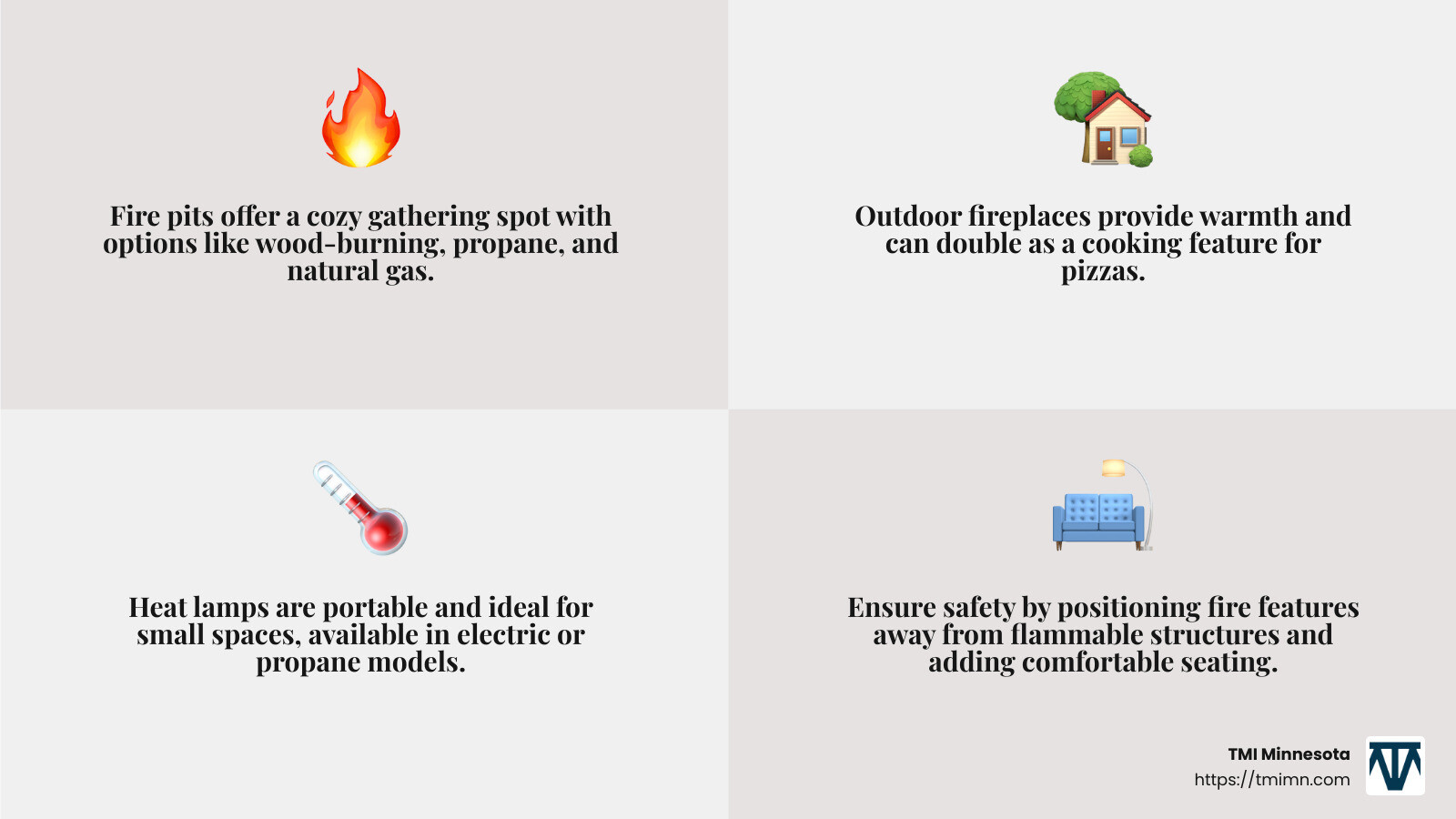 Amanda Cimaglia, vice president of ESG and corporate affairs at the AZEK Company, mentions that a fireplace can act as the centerpiece of your all-seasons patio or deck and can add that needed touch of warmth. - outdoor living upgrades infographic 4_facts_emoji_grey