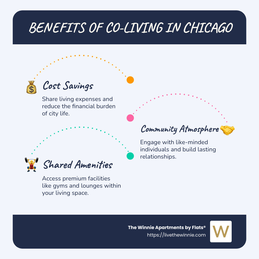 Infographic showing benefits of co-living in Chicago: cost savings, community atmosphere, shared amenities - co-living communities chicago infographic infographic-line-3-steps-blues-accent_colors