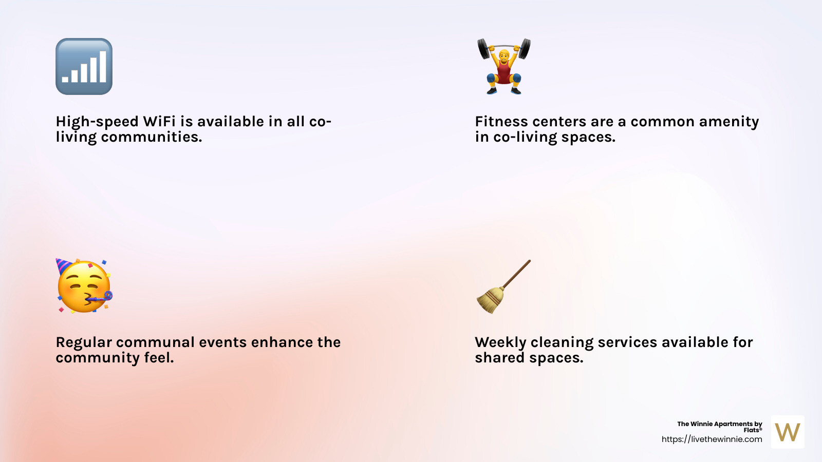 High-speed internet, fitness centers, and communal events are just a few of the amenities offered in co-living spaces. - co-living communities chicago infographic 4_facts_emoji_light-gradient