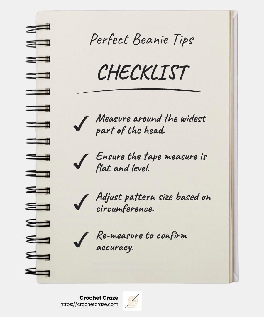 Measuring head circumference accurately is key to a perfect fit. - beginner crochet beanie tutorial infographic checklist-notebook