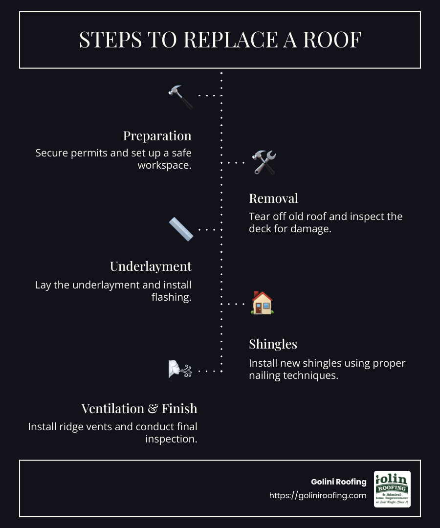 Infographic detailing the steps in roof replacement, including preparation, removal, installation, and finishing touches - how do you replace a roof infographic infographic-line-5-steps-dark