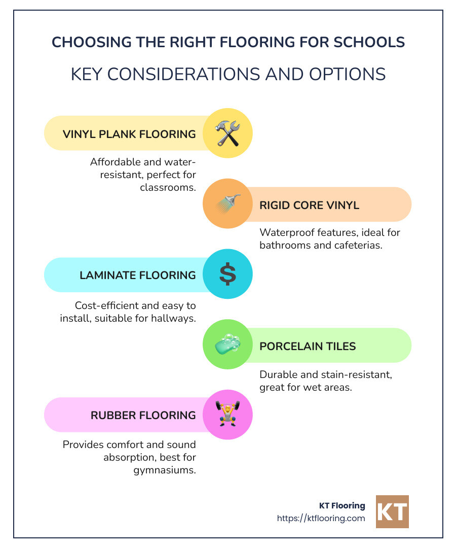 Detailed infographic comparing flooring types, including features like cost, durability, and maintenance options - Flooring options for schools infographic infographic-line-5-steps-colors