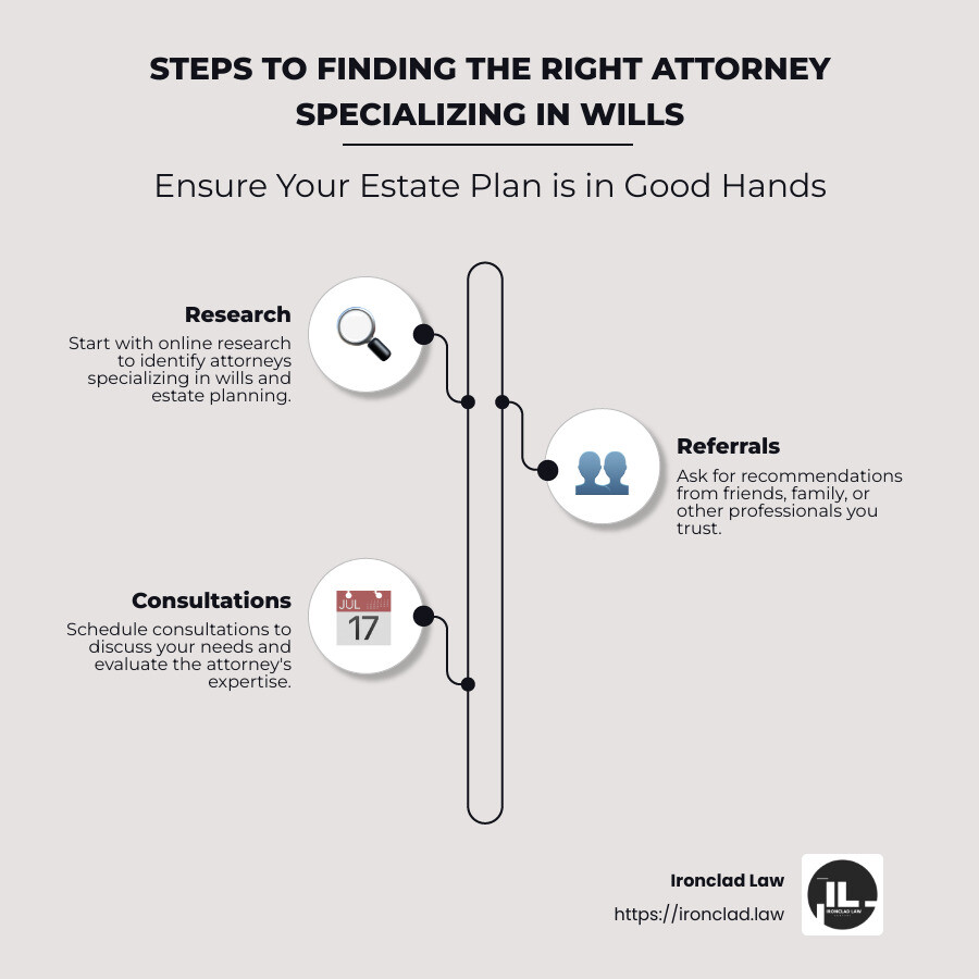 Essential steps to find an attorney specializing in wills - attorneys specializing in wills infographic infographic-line-3-steps-neat_beige
