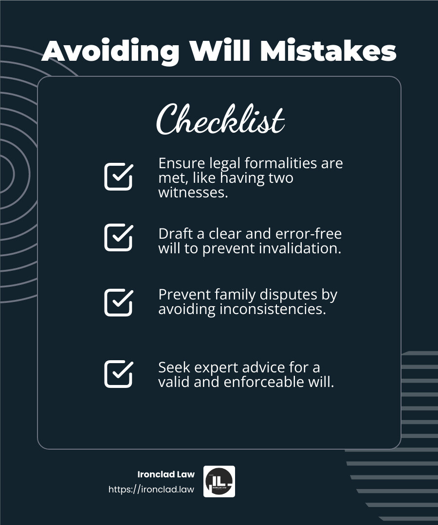 Avoiding will mistakes - attorneys specializing in wills infographic checklist-dark-blue