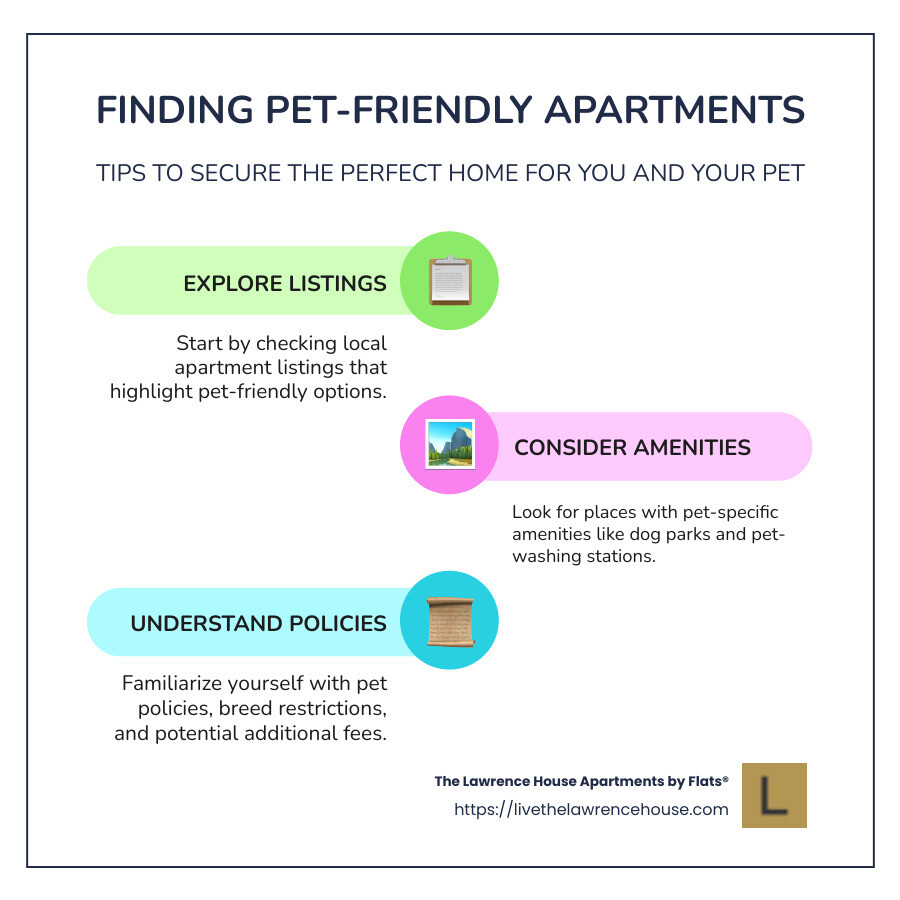Infographic showing a high percentage of renters have pets and quick tips for finding pet-friendly apartments - pet friendly apts for rent near me infographic infographic-line-3-steps-colors