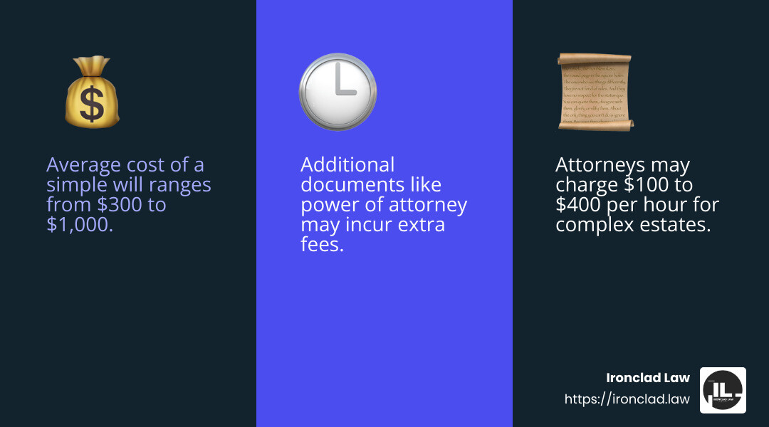 The cost of creating a simple will can range from $300 to $1,000 depending on complexity and attorney experience. - attorneys specializing in wills infographic 3_facts_emoji_blue