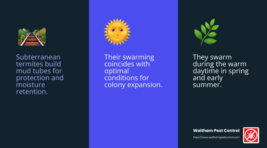 Subterranean termites build mud tubes to travel safely and avoid predators. - when do termites swarm infographic 3_facts_emoji_blue