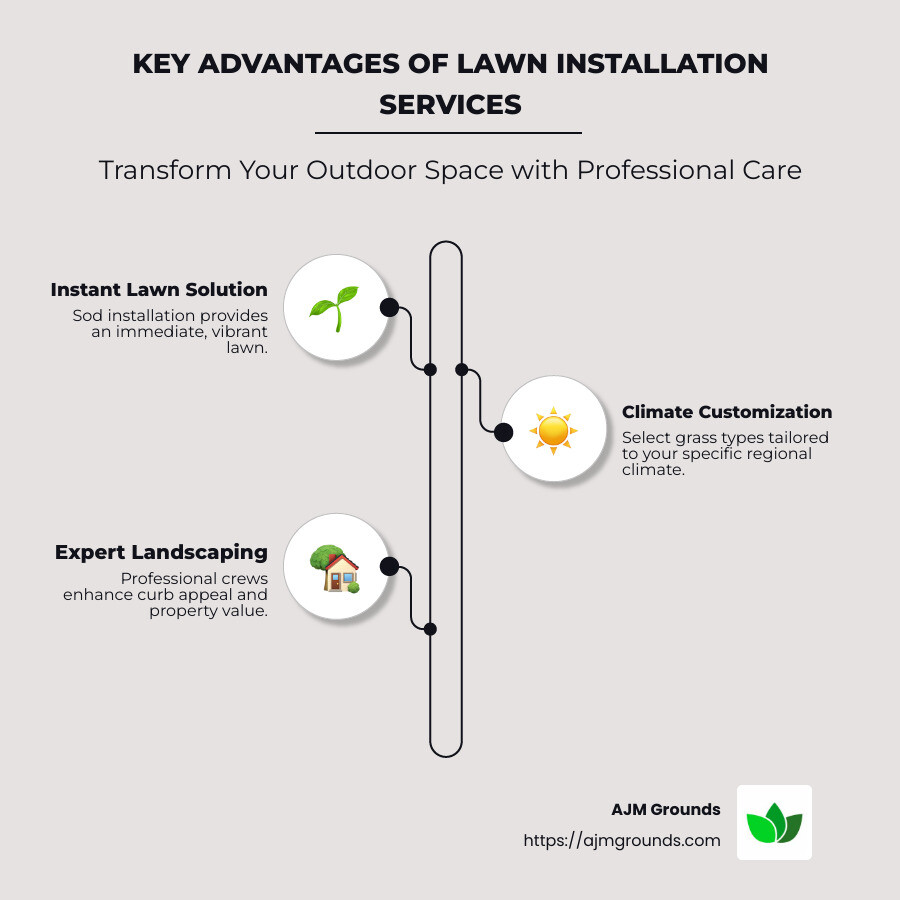 Infographic detailing average costs, service options, and timeframes for lawn installation services - lawn installation services infographic infographic-line-3-steps-neat_beige