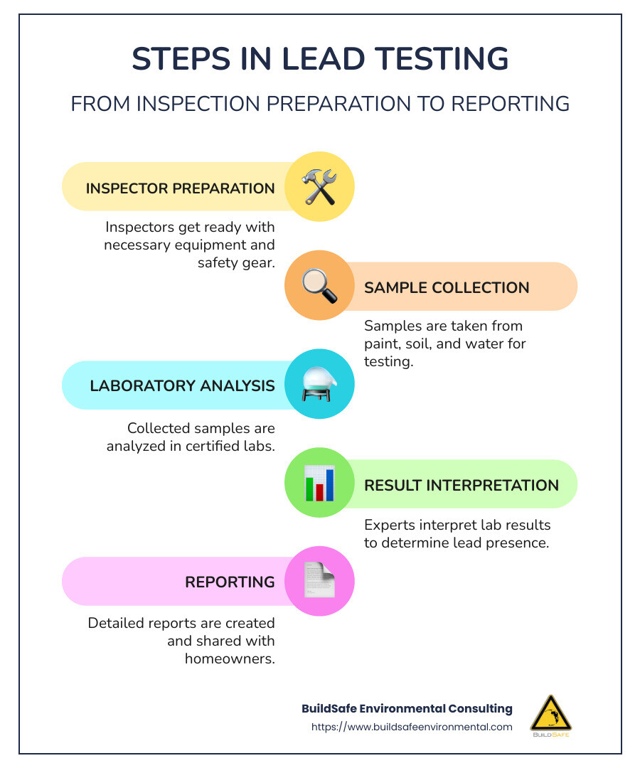 Infographic showing the steps in lead testing: inspector preparation, sample collection, laboratory analysis, and reporting - lead testing companies near me infographic infographic-line-5-steps-colors