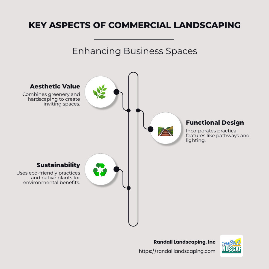 Infographic detailing key aspects of commercial landscaping: Aesthetic Value, Functional Design, Sustainability. - what is commercial landscaping infographic infographic-line-3-steps-neat_beige