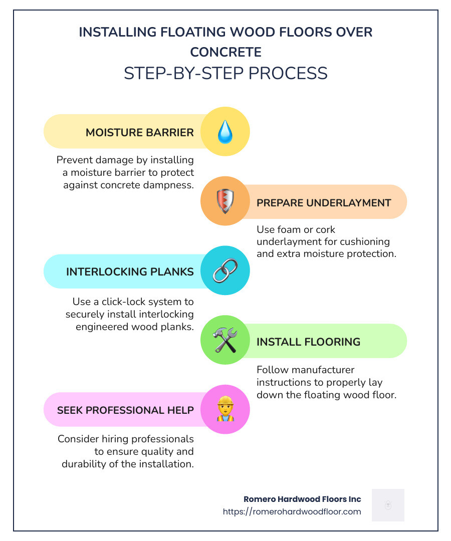 Infographic explaining key steps for installing floating wood floors over concrete - floating wood floor over concrete infographic infographic-line-5-steps-colors