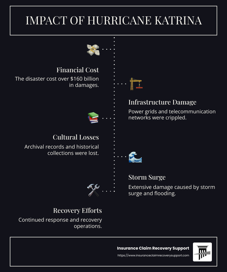 A detailed infographic showing the extent of Hurricane Katrina's impact on infrastructure, economy, and life. Key points include infrastructure damage, financial costs, and cultural losses due to the storm. - damage assessment hurricane katrina infographic infographic-line-5-steps-dark