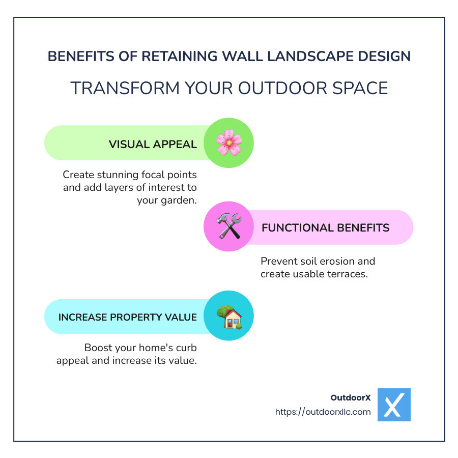 Benefits of Retaining Wall Landscape Design - Retaining wall landscape design infographic infographic-line-3-steps-colors
