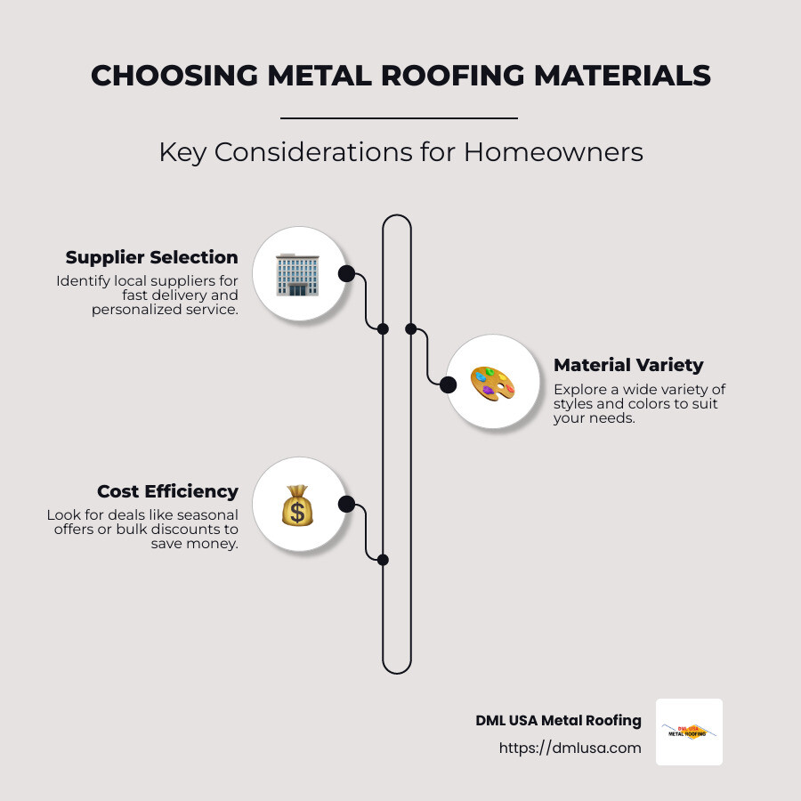 Infographic illustrating availability and benefits of metal roofing materials from DML USA Metal Roofing - metal roofing materials near me infographic infographic-line-3-steps-neat_beige