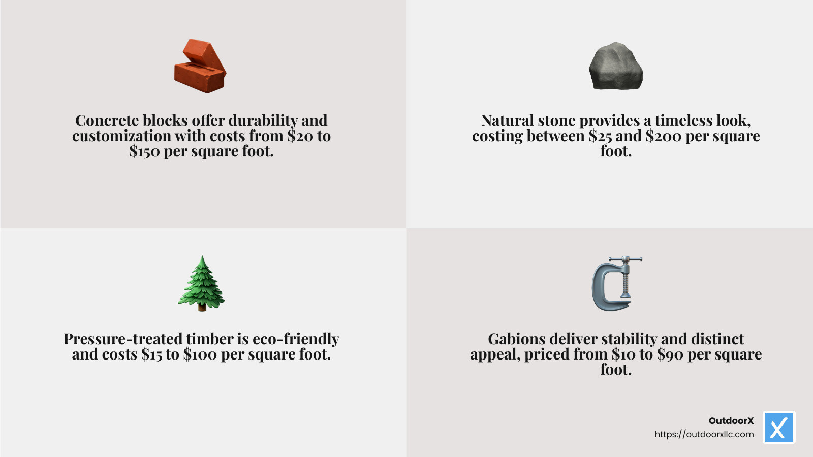 Retaining wall materials comparison - Retaining wall landscape design infographic 4_facts_emoji_grey