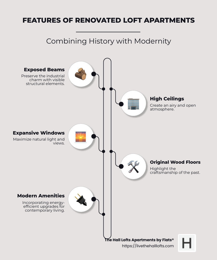 Infographic of historical charm and modern design elements in renovated lofts - renovated loft apartments infographic infographic-line-5-steps-neat_beige