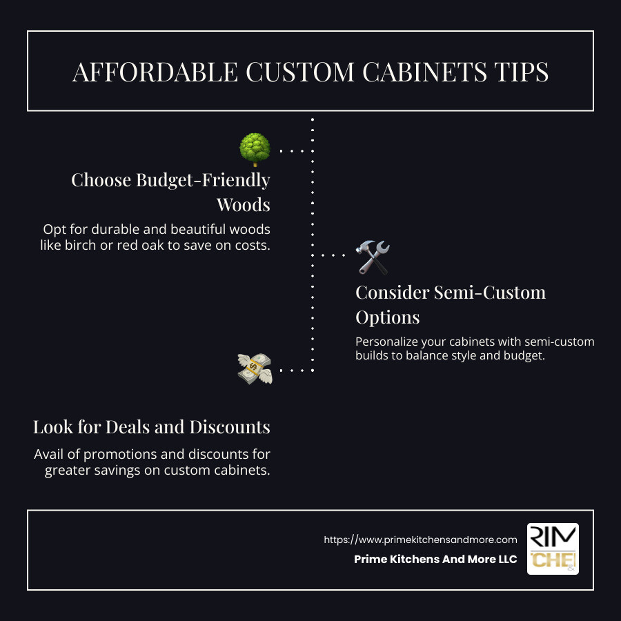 Infographic detailing affordable wood types, semi-custom benefits, and cost-saving tips - inexpensive custom cabinets infographic infographic-line-3-steps-dark