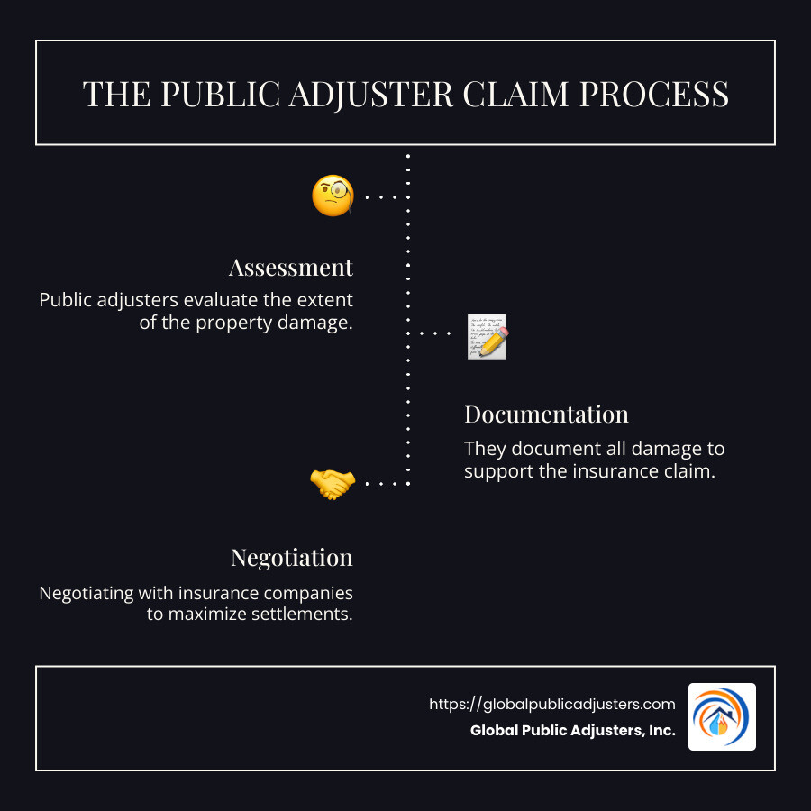 Infographic detailing the steps a public adjuster takes to handle an insurance claim, including assessment, documentation, negotiation, and settlement. - public adjuster near me infographic infographic-line-3-steps-dark