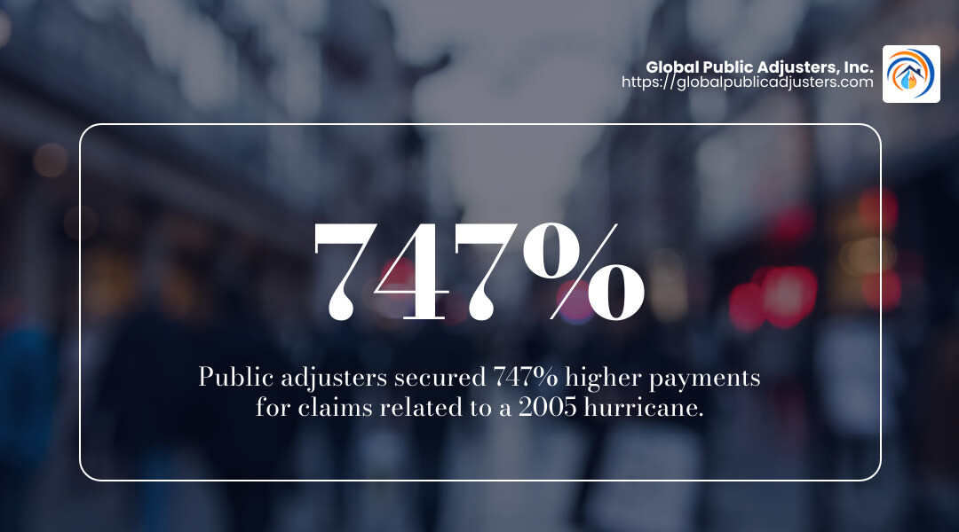 Public adjusters secured 747% higher payments for claims related to a 2005 hurricane. - public adjuster near me infographic simple-stat-landscape-blurry-bg