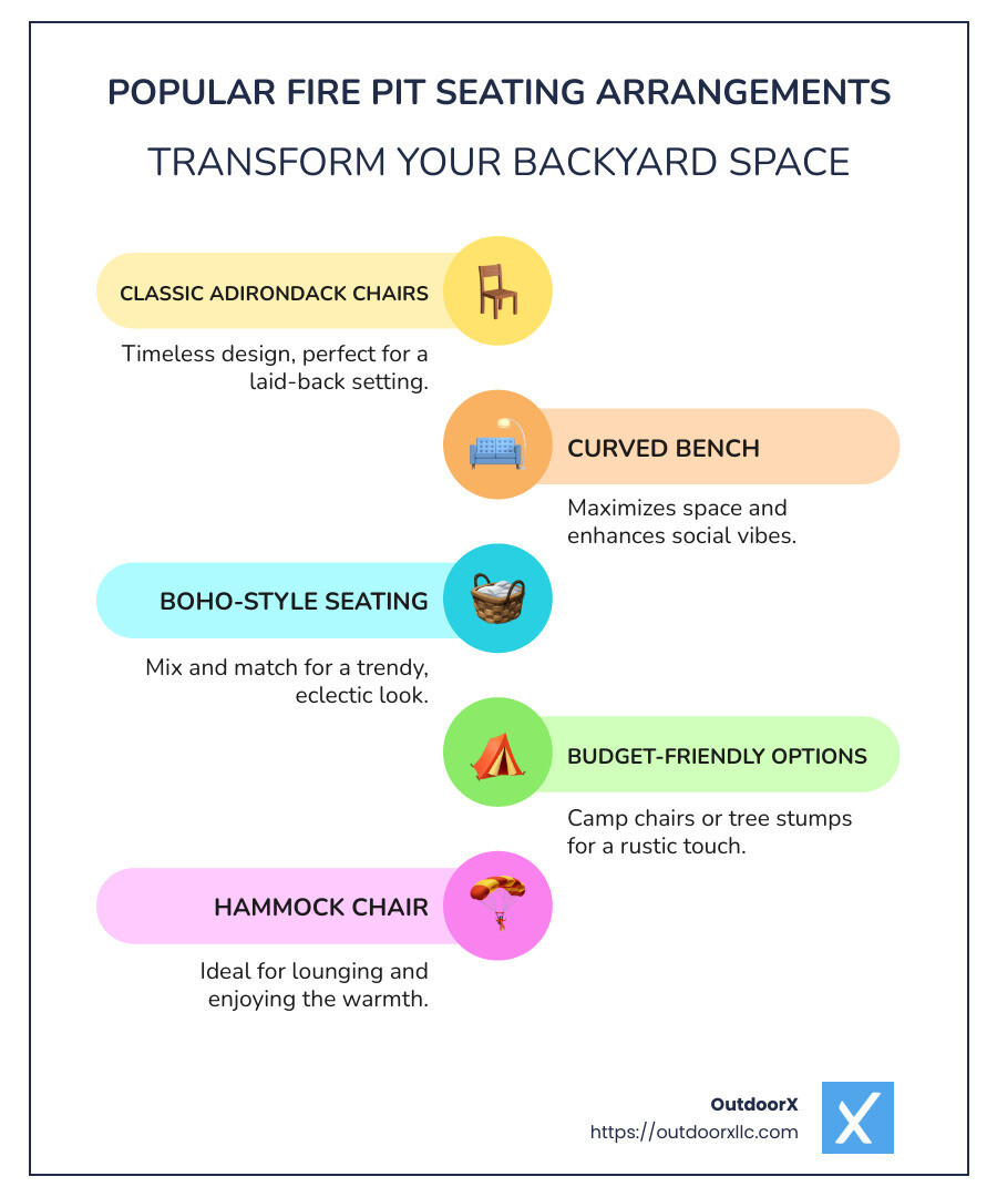 Infographic showcasing classic to modern fire pit seating arrangements, including features like comfort, style, and capacity. - Fire pit seating arrangements infographic infographic-line-5-steps-colors