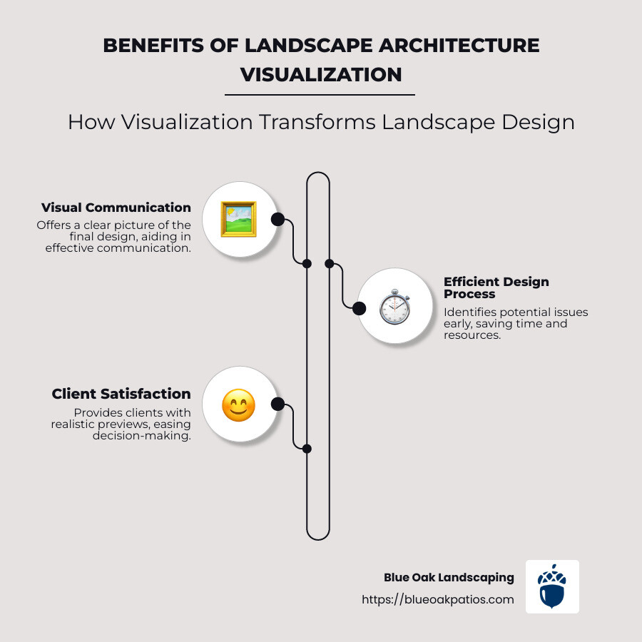 Infographic illustrating benefits of landscape architecture visualization including visual communication, efficient design process, and client satisfaction - landscape architecture visualization infographic infographic-line-3-steps-neat_beige Infographic illustrating benefits of landscape architecture visualization including visual communication, efficient design process, and client satisfaction - landscape architecture visualization infographic infographic-line-3-steps-neat_beige