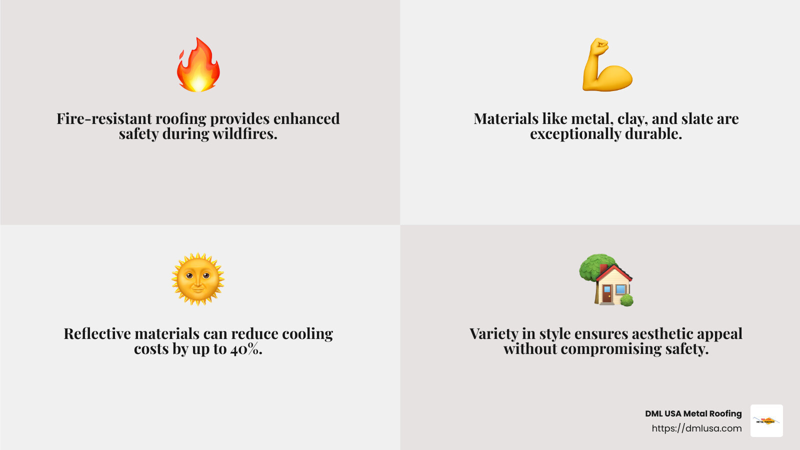 Energy efficiency and aesthetic appeal of fire-resistant roofing - fire resistant roofing infographic 4_facts_emoji_grey