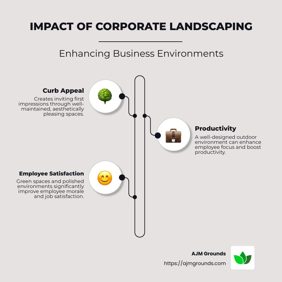 Comparison of office environments before and after corporate landscaping, showing dramatic improvements in curb appeal, employee productivity, and satisfaction. - Corporate landscaping services infographic infographic-line-3-steps-neat_beige