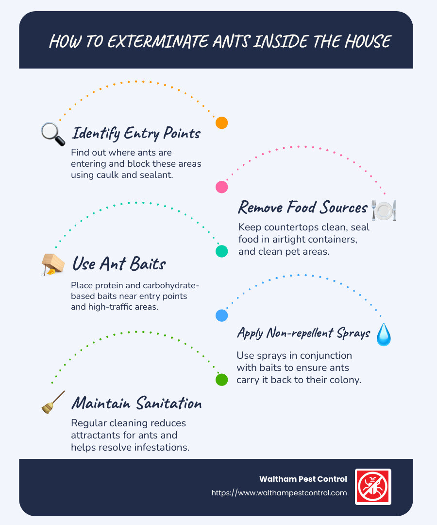 Effective steps to exterminate ants inside the house with visual representation of each step in a flowchart - how to exterminate ants inside the house infographic infographic-line-5-steps-blues-accent_colors