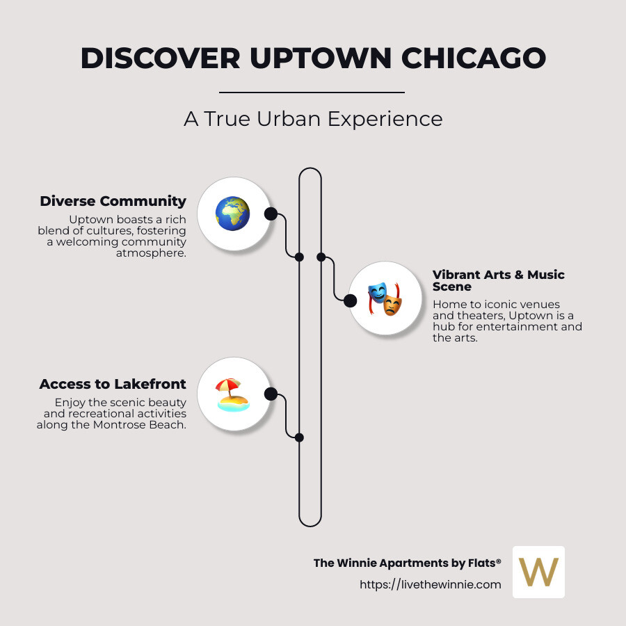 Infographic of Uptown Chicago's key features: Diversity, Music Scene, Access to Lakefront - 1 bedroom apartment in uptown chicago infographic infographic-line-3-steps-neat_beige