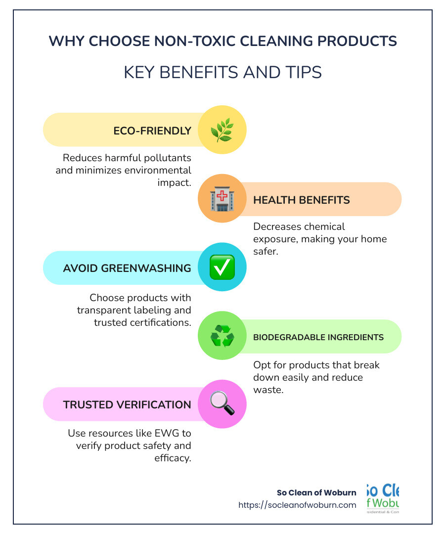 Infographic showing key reasons to choose non-toxic cleaning products, including eco-friendly benefits, reduced health risks, and anti-greenwashing tips. - non toxic cleaning products infographic infographic-line-5-steps-colors