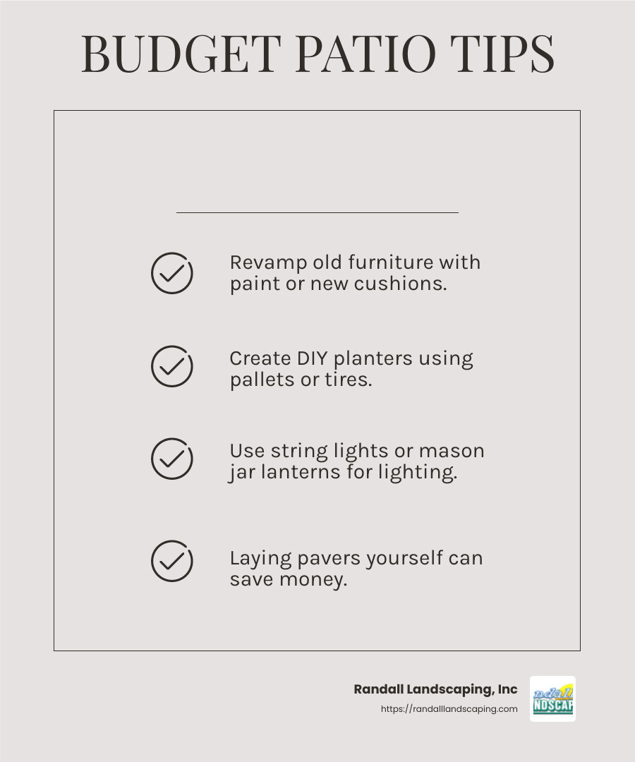 Affordable patio design tips - outdoor patio design infographic checklist-light-beige