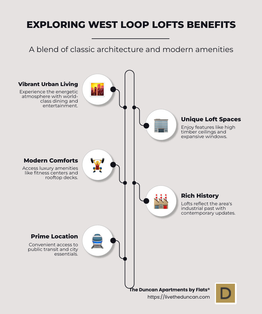 Infographic highlighting features and lifestyle benefits of West Loop lofts including vibrant urban living, unique architectural features, and luxury amenities - lofts for rent west loop chicago infographic infographic-line-5-steps-neat_beige