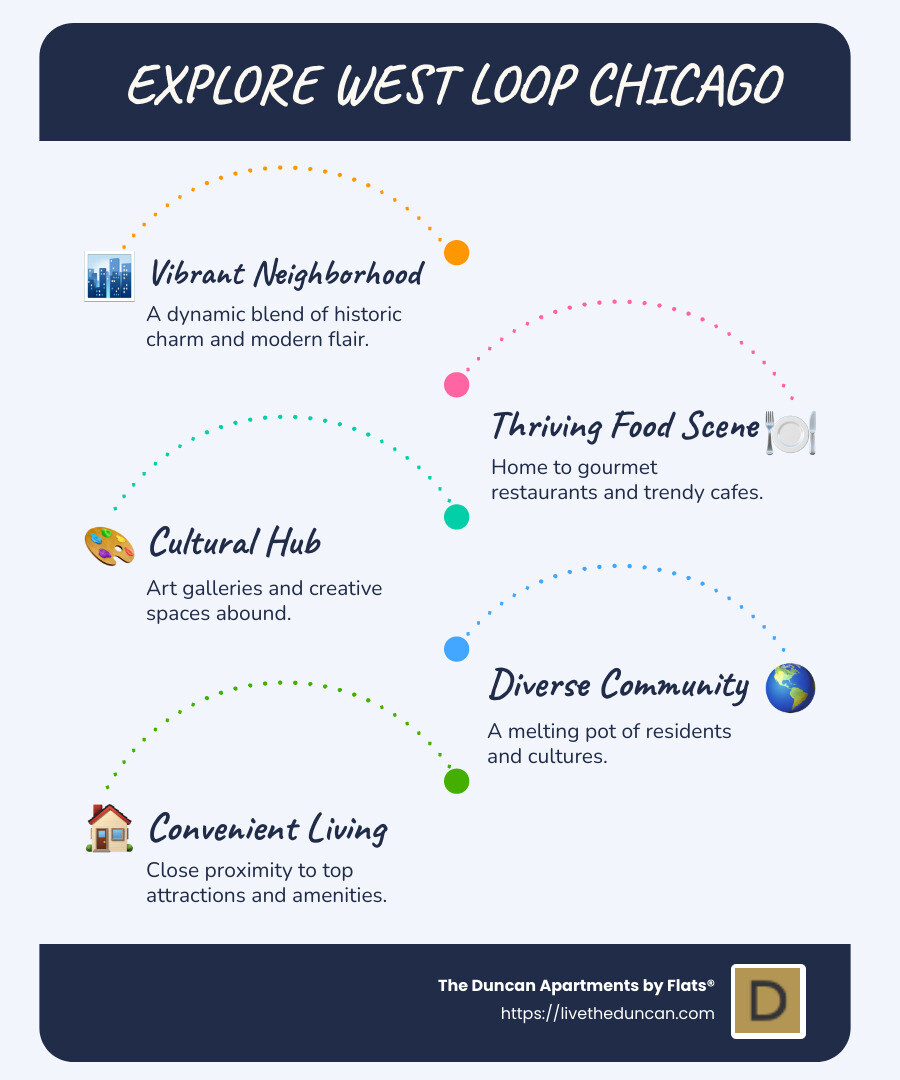 Infographic on West Loop Highlights: Vibrant Neighborhood, Thriving Food Scene, Cultural Hub - homes for rent west loop chicago infographic infographic-line-5-steps-blues-accent_colors