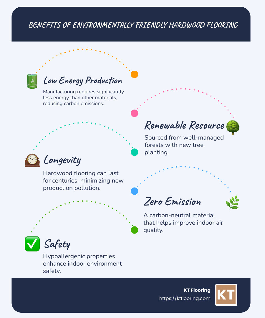 Infographic outlining the benefits of environmentally friendly hardwood flooring such as low energy production, renewable resource, longevity, zero emission, and safety - environmentally friendly hardwood flooring infographic infographic-line-5-steps-blues-accent_colors