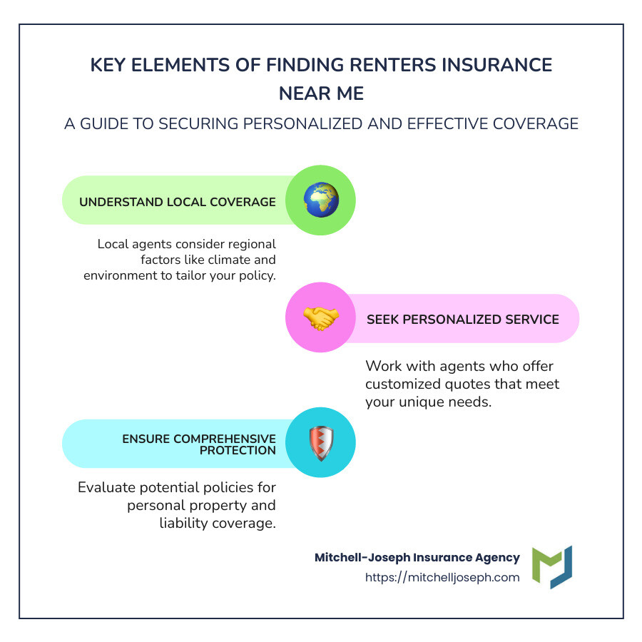 Infographic illustrating local coverage and personalized service process for renters insurance - renters insurance near me infographic infographic-line-3-steps-colors