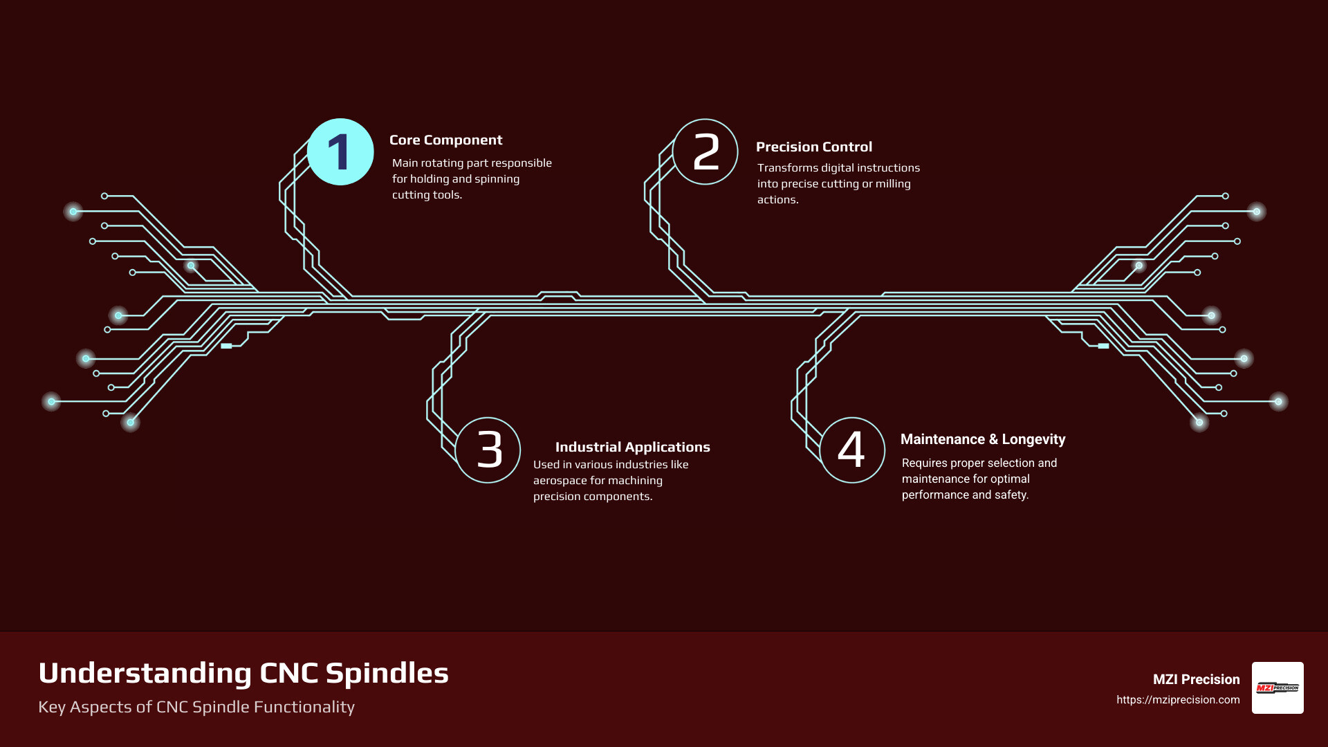 Infographic showing CNC spindle components and functions - what is spindle in cnc machine infographic infographic-4-steps-tech